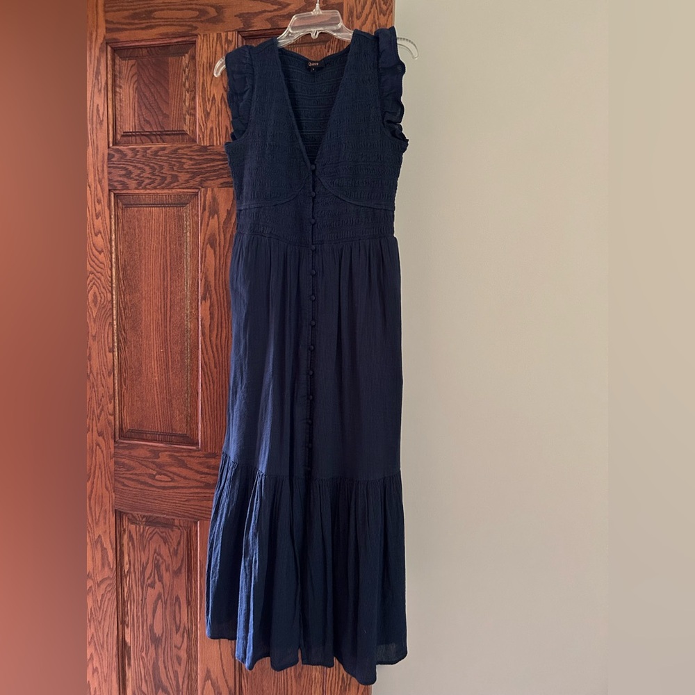 Quince Blue Ruched Tiered Maxi Sundress